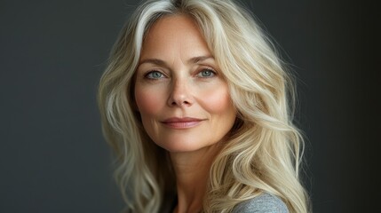 Fototapeta premium Elegant mature caucasian female with long blond hair and serene smile