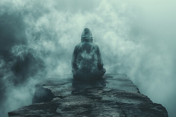 Man sitting on a mountain in the middle of the fog