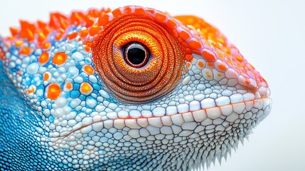 Fototapeta premium Close-up of vibrant colorful lizard head against white background