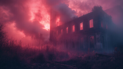 Old building, red light, smoke and fog