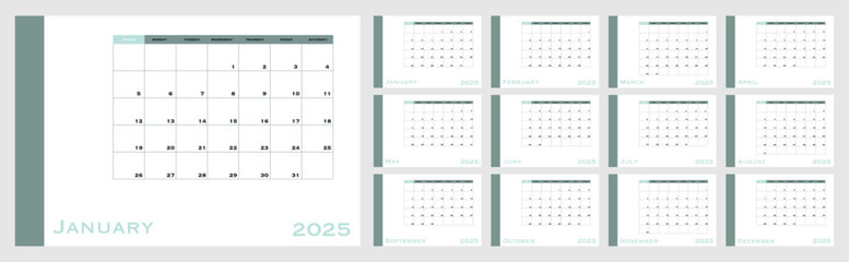 Vector illustration. Calendar for 2025. Week starts on Sunday. Calendar ready for printing. Has 12 months. Stationery design concept.