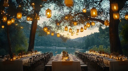 A wide shot of a wedding dinner table set outdoors under hanging lanterns and string lights
