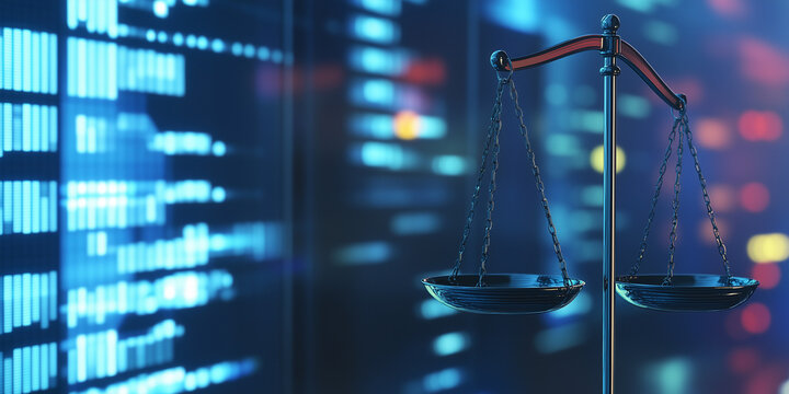 bascula de justicia en centro de datos. tconcepto de derecho digital de dualidad del poder judicial, jurisprudencia y justicia y datos en el mundo moderno