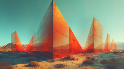 surreal digital artwork featuring a desert landscape with a series of large, triangular, mirrored structures.