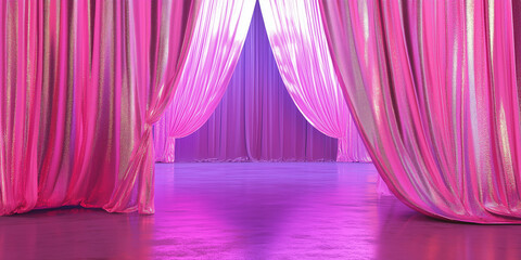 Cortinas de color rosa brillante revelan el escenario de inauguración del espectáculo
