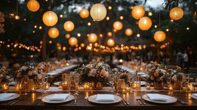 A wide shot of a wedding dinner table set outdoors under hanging lanterns and string lights