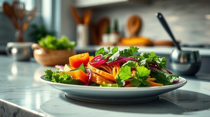 Assiette végétale sur table en marbre dans cuisine