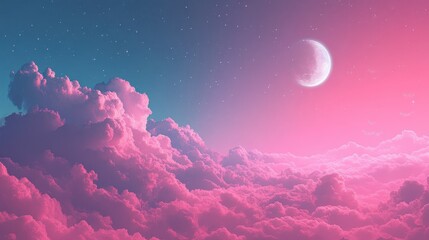 Fototapeta premium Dreamy nighttime sky with pink clouds and crescent moon