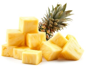 Fresh cut pieces of pineapple with green spiky leaves