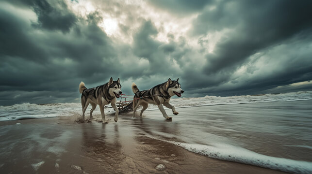 Three Energetic Huskies Pulling a Sled Across a Sandy Beach with Ocean Waves Rolling In and a Dramatic Cloudy Sky Above – Action-Packed DSLR Shot with High Contrast and Intense Lighting