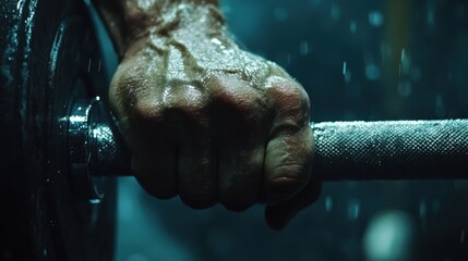 Male hand lifting dumbbell in gym with sweaty grip and rainy background
