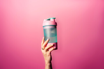 Female hand holds a protein shaker on a pink background. Modern sports shaker. Advertising of sports nutrition products. The concept of a healthy lifestyle.