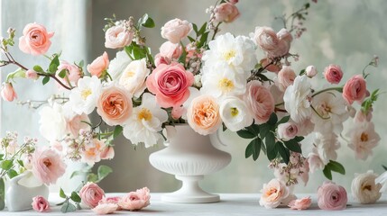 Fototapeta premium Elegant arrangement of pink and white roses in a ceramic vase on a rustic table