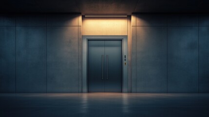 Dimly lit elevator doors in a modern building create an atmosphere of mystery and intrigue at night
