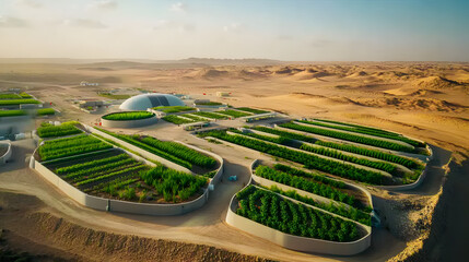 A futuristic desert farming facility in Saudi Arabia using hydroponics and AI-driven irrigation systems.