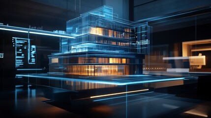 Futuristic architectural design model with digital interface in the background.  Possible use for showcasing 3D architectural visualization software or digital building design