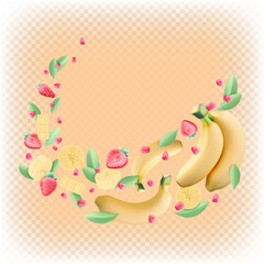Fruit composition of bananas, strawberries, pomegranate seeds and mint leaves. Vector 3d cartoon illustration
