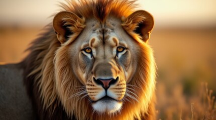 Fototapeta premium Majestic Lion Portrait: Golden Mane Close-Up