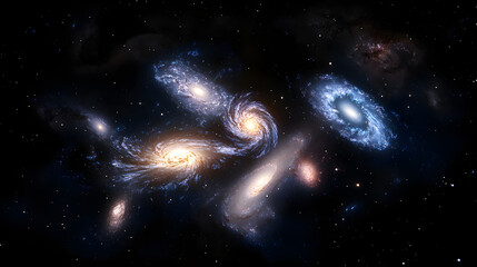 A galaxy cluster featuring several types of galaxies including spirals ellipticals and irregulars floating against a dark cosmic backdrop.
