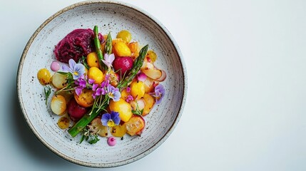 Gourmet vegetable salad, spring, studio, edible flowers, recipe