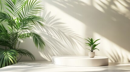 Obraz premium Minimalist interior design with sunlit green plants and white podium