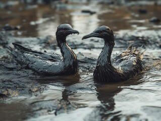 Fototapeta premium Oil pollution, on water, severe consequences of a man-made disaster. The oil-stained seabirds are black and dirty. Ecological disaster, concept.