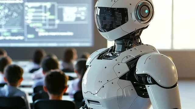 A robot teacher leading an interactive classroom of diverse students