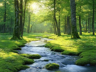 Fototapeta premium Serene Stream Flows Through Lush Forest, Sunlight Dapples Mossy Banks