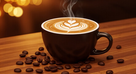 Steaming Latte with Heart Design and Coffee Beans