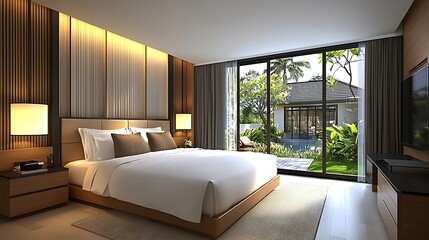 Elegant bedroom with bed and garden view through window, natural light, luxurious interior