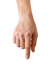 Person's hand with extended index finger depicting gesture of touch isolated cutout on transparent