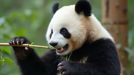 Obraz premium Panda Eating Bamboo: A High-Resolution Close-Up