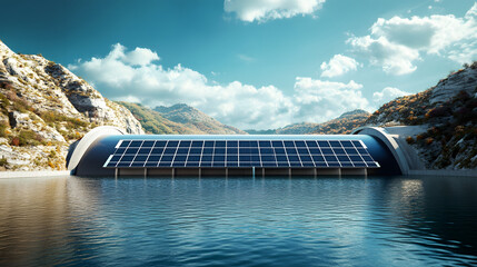 A futuristic hydroelectric plant design with solar panels installed on the dam surface.