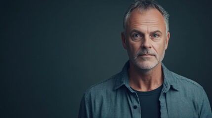 Obraz premium Portrait of a Mature Man with a Serious Expression Against a Dark Background