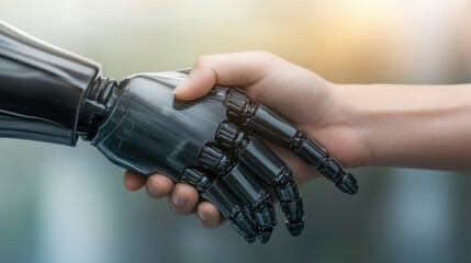 Collaboration between human and robot hand signifies the future of technology