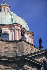 Decorative sculptures on a building in Prague, European architecture design, classic European art
