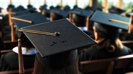 Close-up of graduation cap during ceremony with students in background