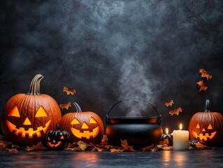 Spooky Halloween Setup with Carved Pumpkins and Cauldron