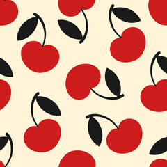 Cherry vector seamless pattern. Red berries with black leaves on beige background. Retro minimal design.