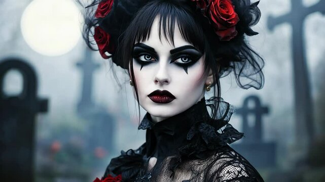 Gothic woman with red roses and dark makeup posing in cemetery