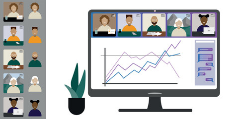 Video call conference, working from home. Colleagues of different nationalities and ages talk to each other on computer screen. Isolated illustration on white background in flat style trendy colors