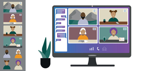 Video call conference, working from home. Colleagues of different nationalities and ages talk to each other on computer screen. Isolated illustration on white background in flat style trendy colors