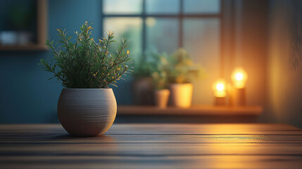 Cozy Home Interior Plant on Wooden Table at Dusk