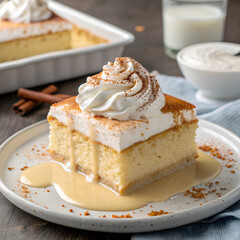 Delicious slice of tres leches cake with whipped topping and caramel sauce on a rustic wooden surface.