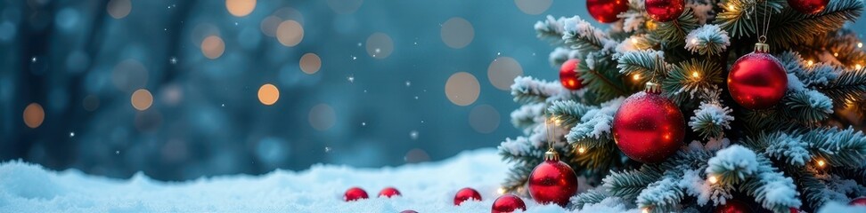 Snowy Christmas tree, red ornaments, gifts, winter scene, christmas decoration, glitter, sparkle