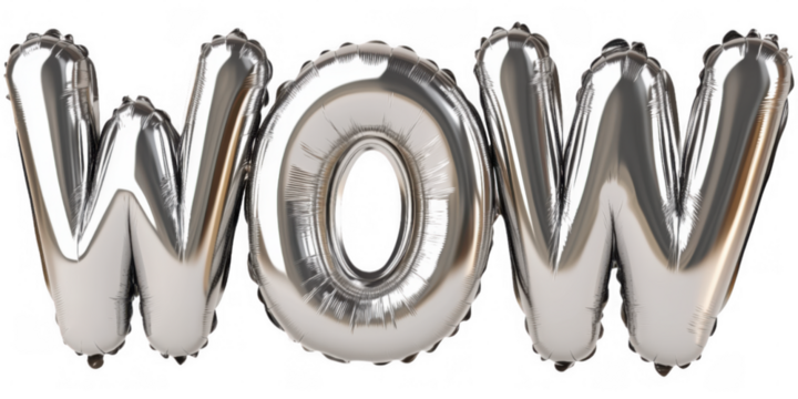 Chrome balloons spell out WOW in shiny white for a vibrant celebration atmosphere
