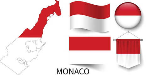 The different designs of Monaco's national flags and the map showing Monaco's borders