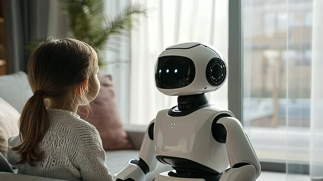 Child interacting with AI companion robot in cozy living room