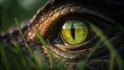 Fototapeta premium Eye of the reptilian predator, gazing out from the lush, green grasses of its natural habitat.