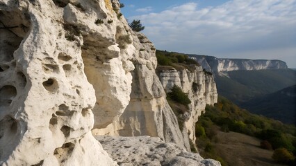 White rock formations and cliffs, sculpted by wind and time, overlook the forested valley below.
